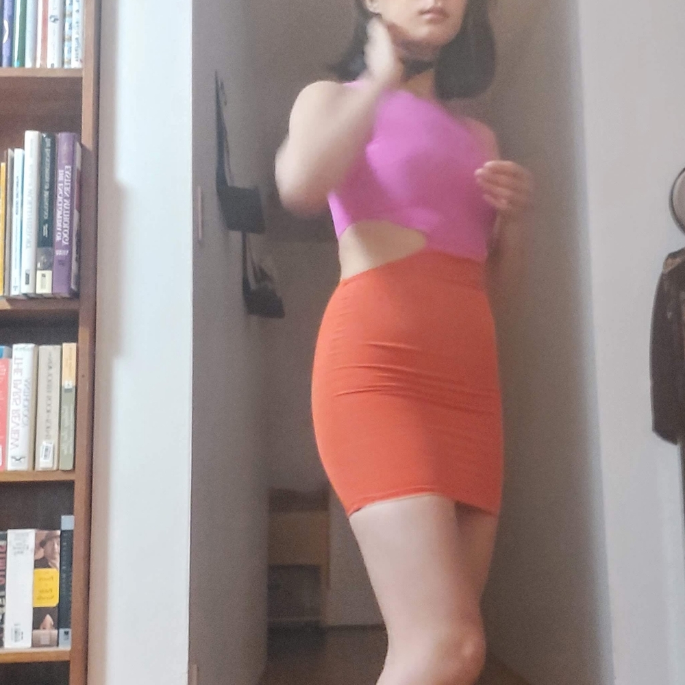 NAVEN 100% Silk Colorblock Cutout Bodycon Mini Dress in Pink & Orange - Size XS - Picture 3 of 7